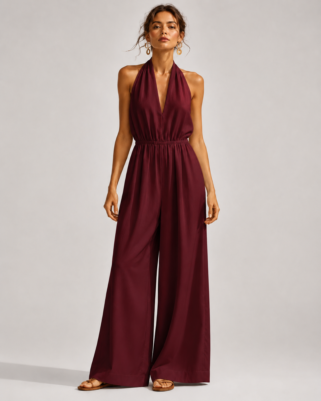 V-Neck Halter Neck Wide Leg Jumpsuit with Pockets - Luxxella