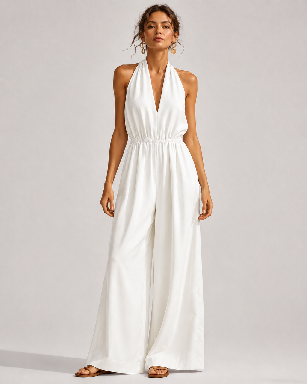V-Neck Halter Neck Wide Leg Jumpsuit with Pockets - Luxxella
