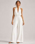V-Neck Halter Neck Wide Leg Jumpsuit with Pockets - Luxxella