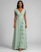 Chiffon Ruffle Maxi Dress - V-Neck Flutter Sleeve Cascading Tiered Wedding Guest Formal Gown - Luxxella