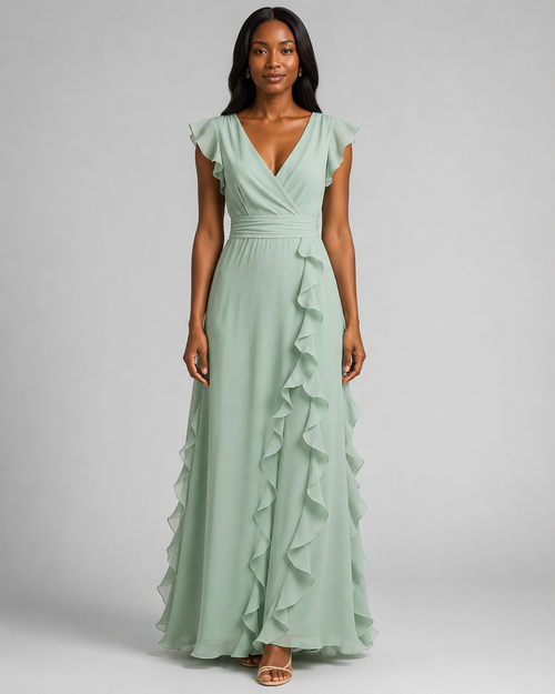 Chiffon Ruffle Maxi Dress - V-Neck Flutter Sleeve Cascading Tiered Wedding Guest Formal Gown - Luxxella