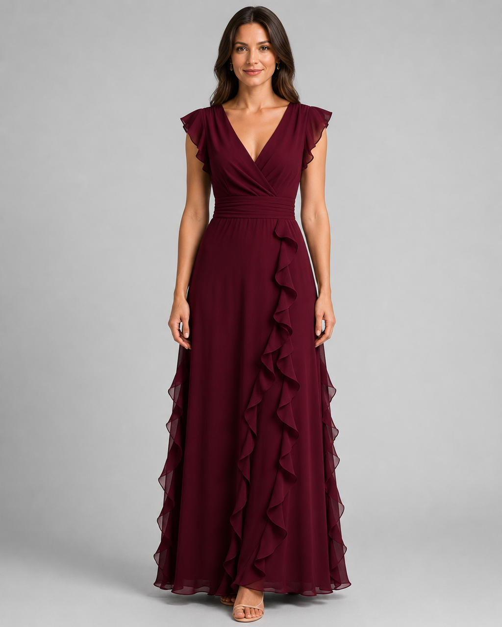 Chiffon Ruffle Maxi Dress - V-Neck Flutter Sleeve Cascading Tiered Wedding Guest Formal Gown - Luxxella