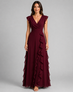Chiffon Ruffle Maxi Dress - V-Neck Flutter Sleeve Cascading Tiered Wedding Guest Formal Gown - Luxxella