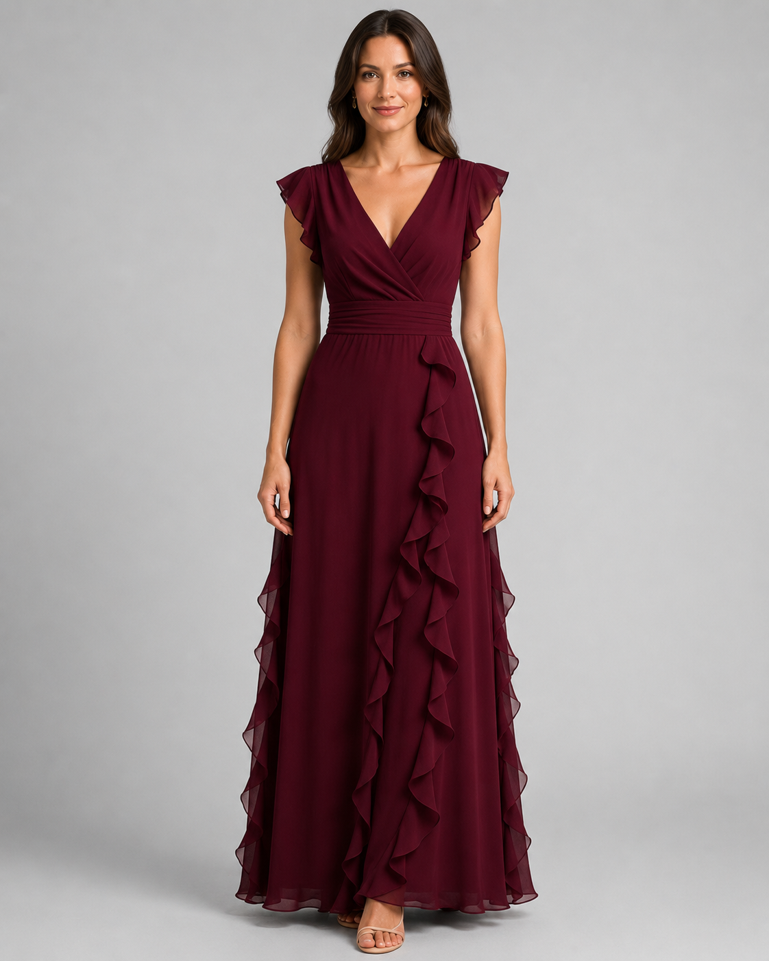 Chiffon Ruffle Maxi Dress - V-Neck Flutter Sleeve Cascading Tiered Wedding Guest Formal Gown - Luxxella