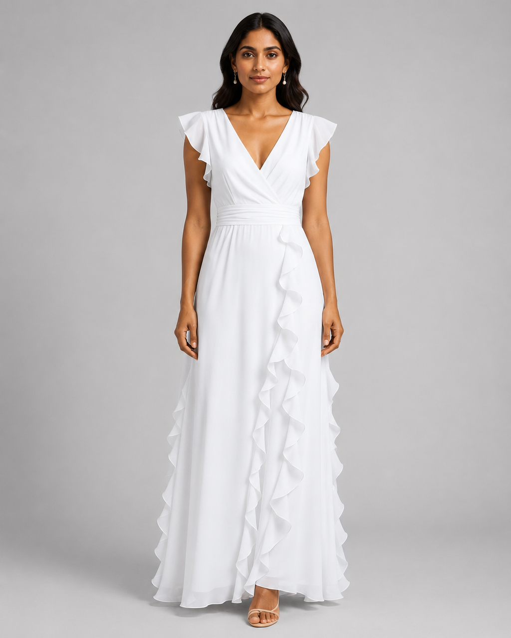 Chiffon Ruffle Maxi Dress - V-Neck Flutter Sleeve Cascading Tiered Wedding Guest Formal Gown - Luxxella