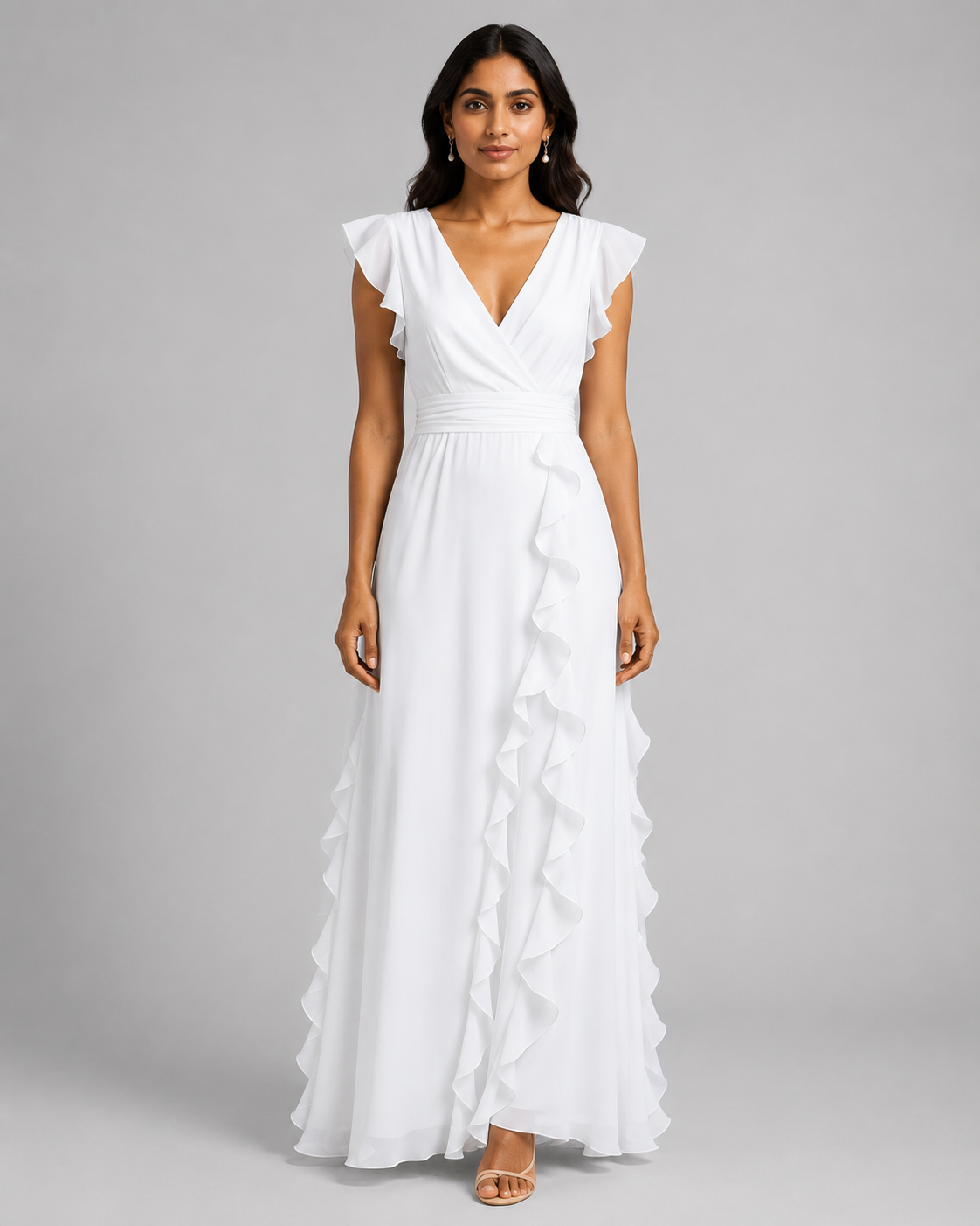 Chiffon Ruffle Maxi Dress - V-Neck Flutter Sleeve Cascading Tiered Wedding Guest Formal Gown - Luxxella