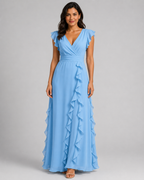Chiffon Ruffle Maxi Dress - V-Neck Flutter Sleeve Cascading Tiered Wedding Guest Formal Gown - Luxxella