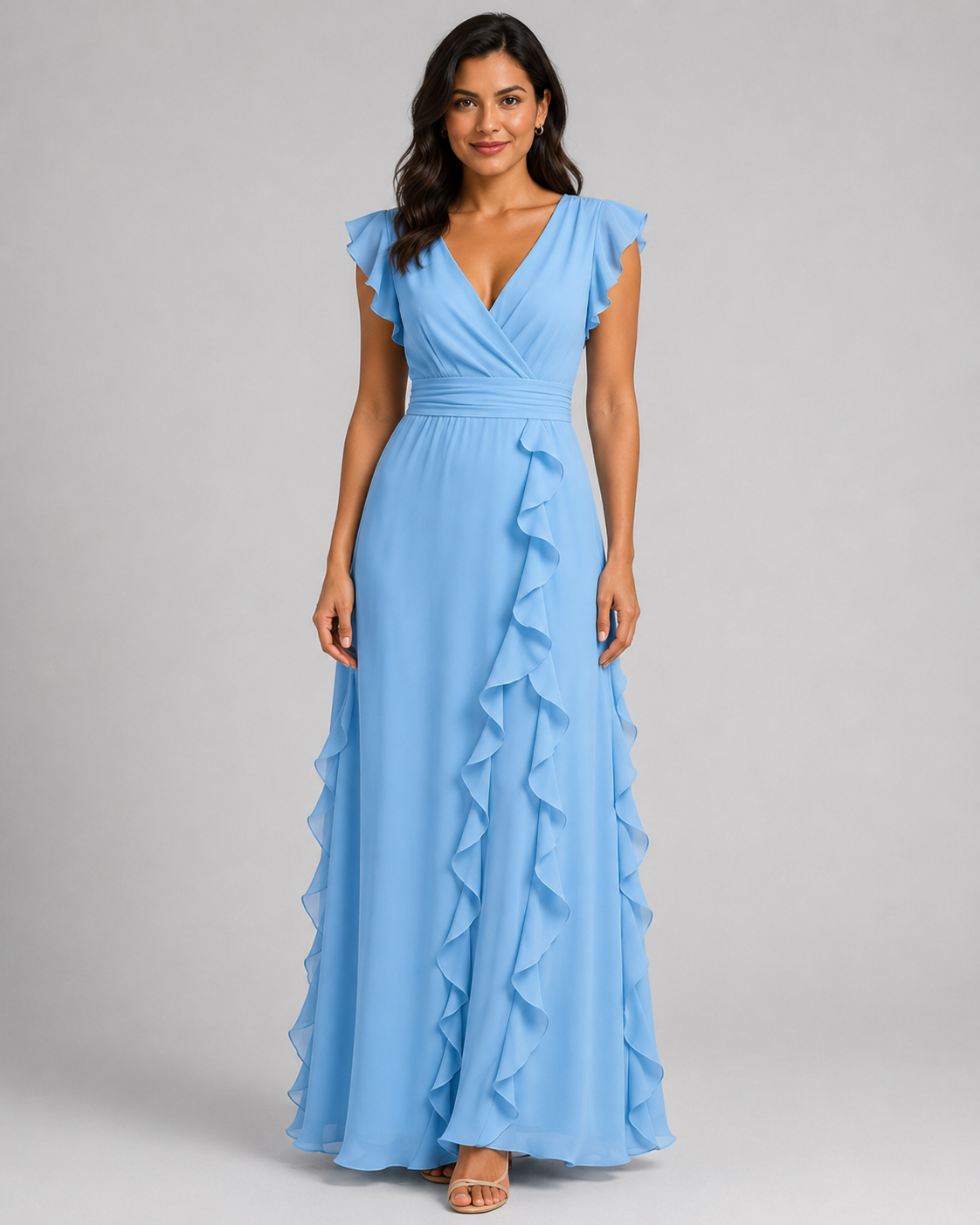 Chiffon Ruffle Maxi Dress - V-Neck Flutter Sleeve Cascading Tiered Wedding Guest Formal Gown - Luxxella