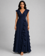 Chiffon Ruffle Maxi Dress - V-Neck Flutter Sleeve Cascading Tiered Wedding Guest Formal Gown - Luxxella