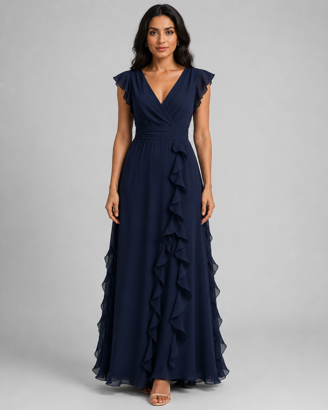 Chiffon Ruffle Maxi Dress - V-Neck Flutter Sleeve Cascading Tiered Wedding Guest Formal Gown - Luxxella