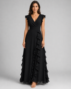 Chiffon Ruffle Maxi Dress - V-Neck Flutter Sleeve Cascading Tiered Wedding Guest Formal Gown - Luxxella