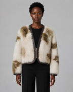 Collarless Faux Fur Jacket - Autumn Winter Leather-Trimmed Short Coat - Luxxella