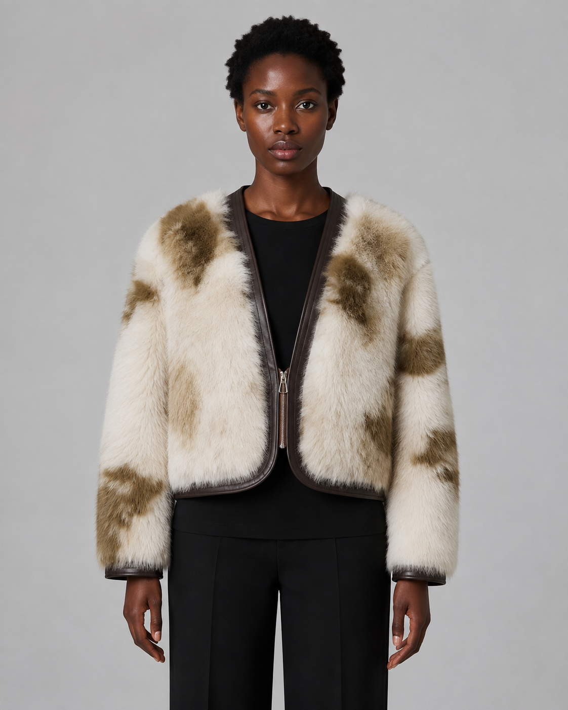 Collarless Faux Fur Jacket - Autumn Winter Leather-Trimmed Short Coat - Luxxella