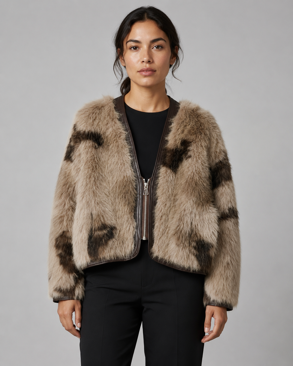 Collarless Faux Fur Jacket - Autumn Winter Leather-Trimmed Short Coat - Luxxella