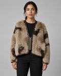Collarless Faux Fur Jacket - Autumn Winter Leather-Trimmed Short Coat - Luxxella