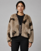 Collarless Faux Fur Jacket - Autumn Winter Leather-Trimmed Short Coat - Luxxella