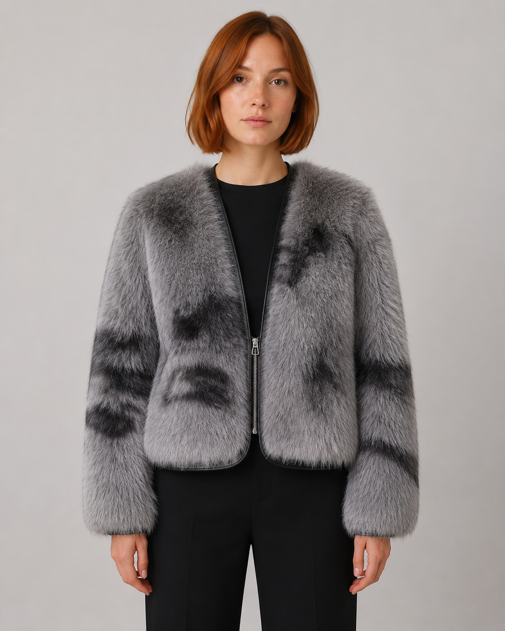 Collarless Faux Fur Jacket - Autumn Winter Leather-Trimmed Short Coat - Luxxella