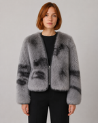 Collarless Faux Fur Jacket - Autumn Winter Leather-Trimmed Short Coat - Luxxella