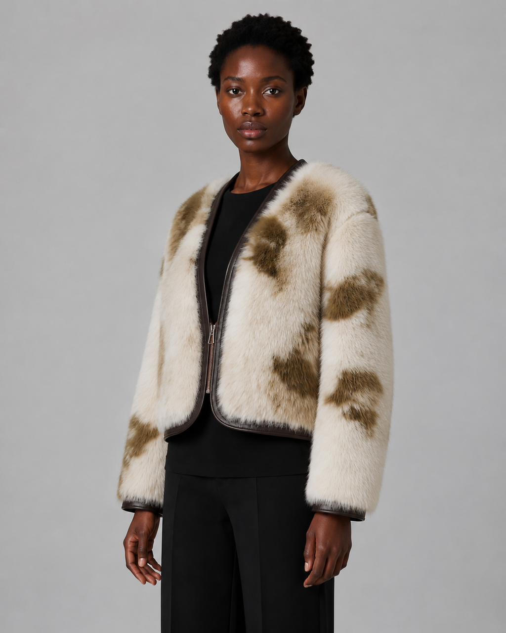 Collarless Faux Fur Jacket - Autumn Winter Leather-Trimmed Short Coat - Luxxella