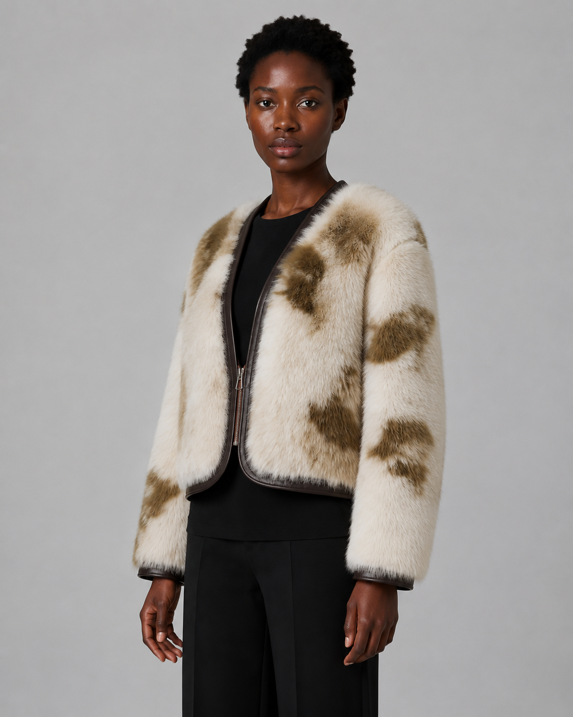 Collarless Faux Fur Jacket - Autumn Winter Leather-Trimmed Short Coat - Luxxella