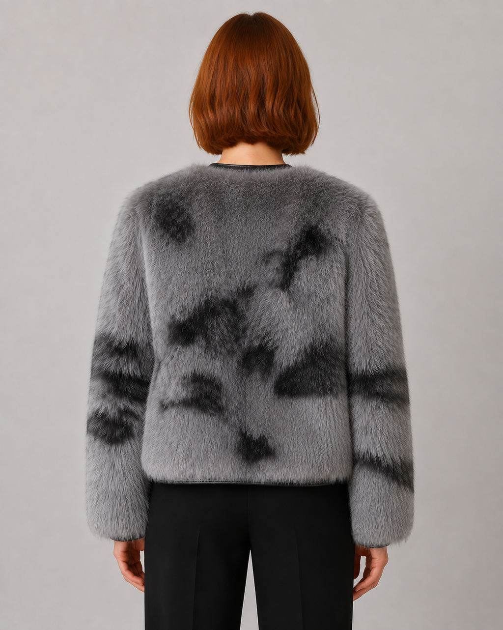 Collarless Faux Fur Jacket - Autumn Winter Leather-Trimmed Short Coat - Luxxella