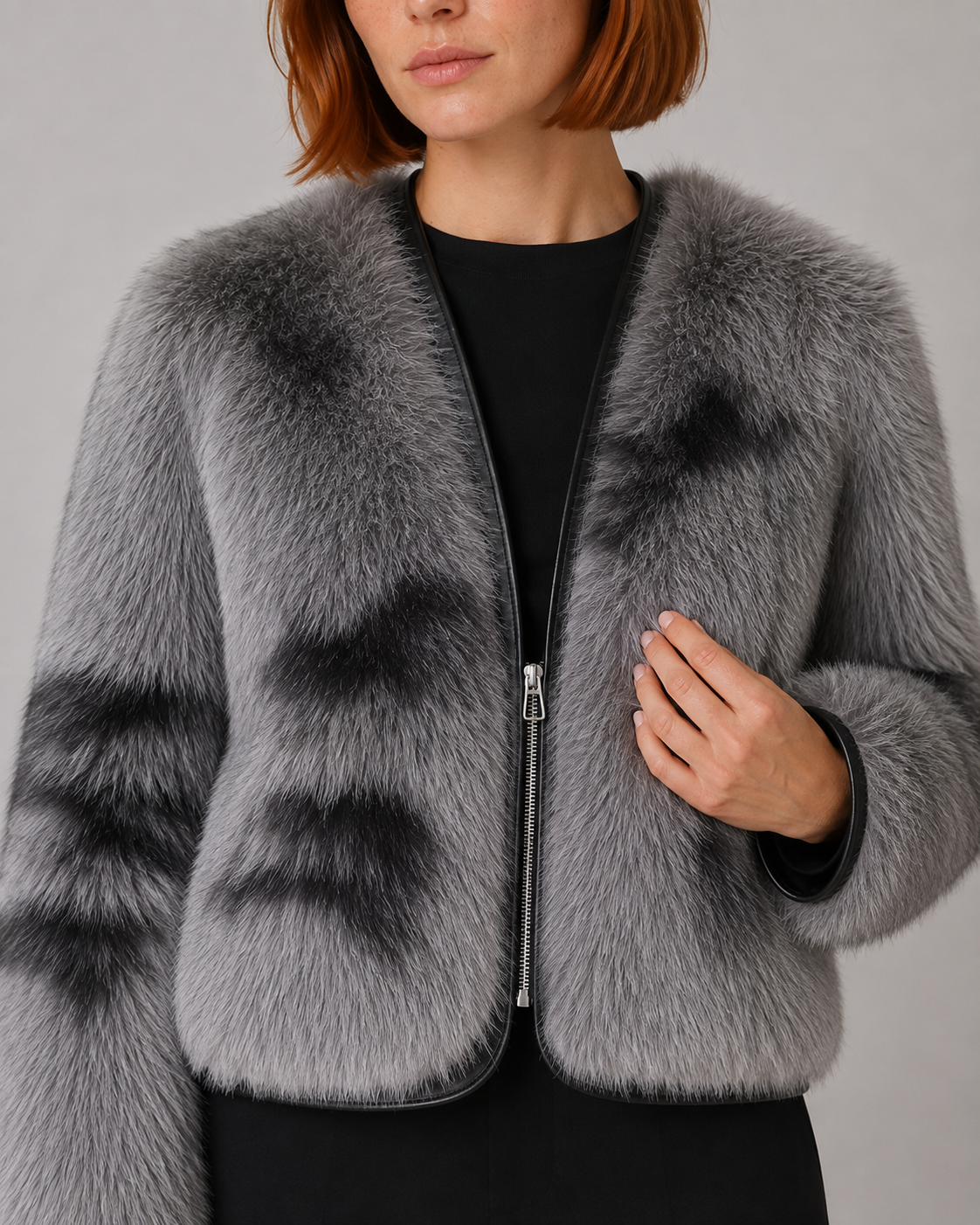 Collarless Faux Fur Jacket - Autumn Winter Leather-Trimmed Short Coat - Luxxella