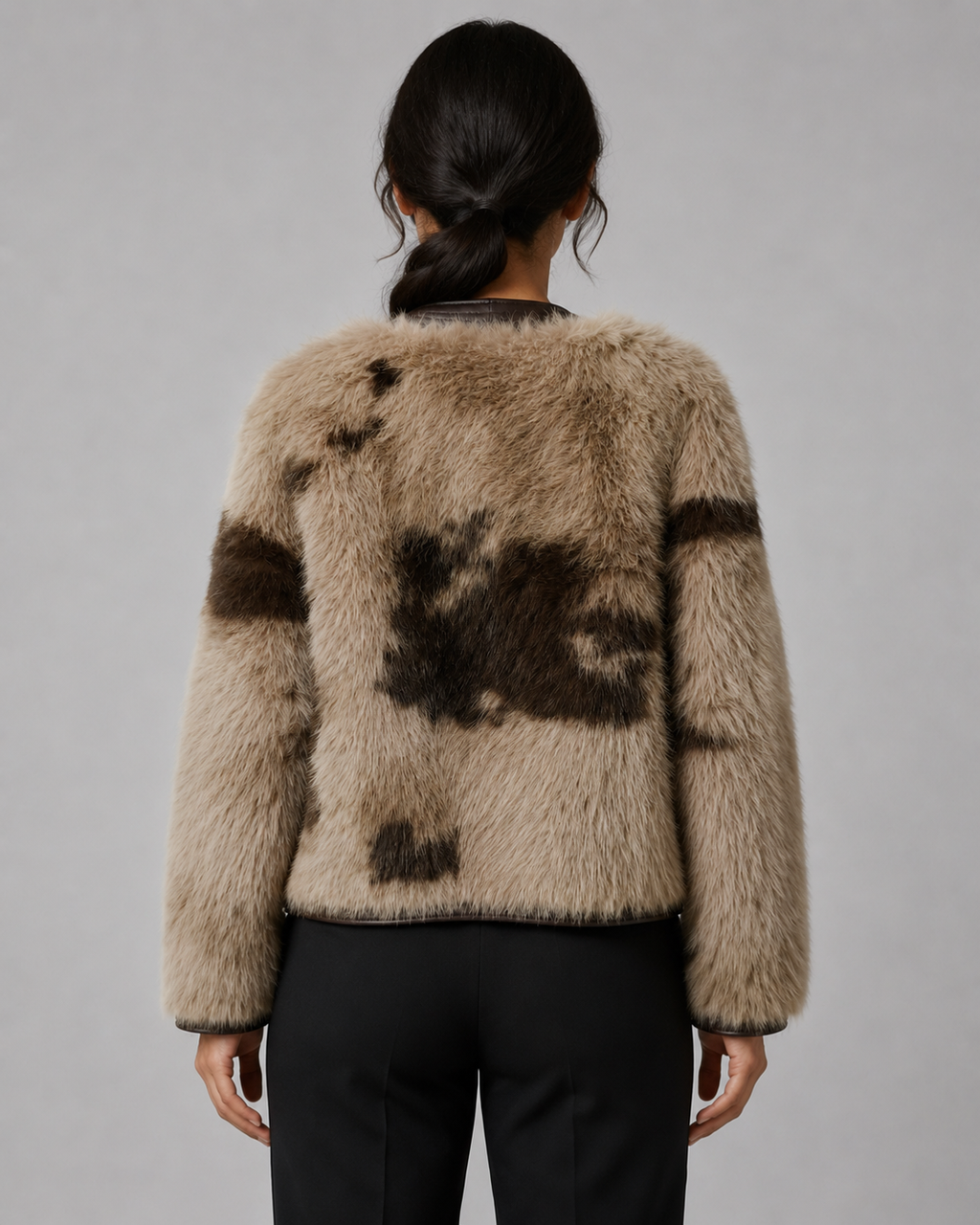 Collarless Faux Fur Jacket - Autumn Winter Leather-Trimmed Short Coat - Luxxella