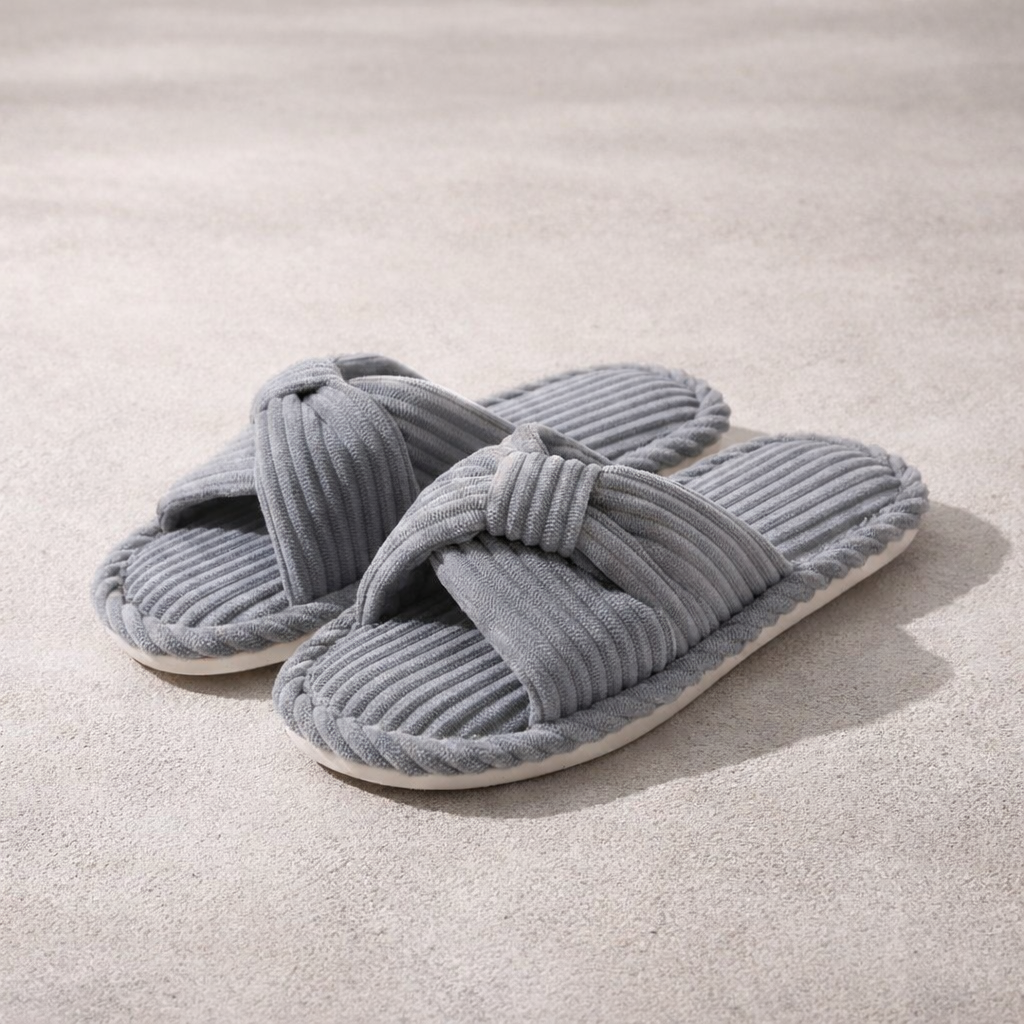 Corduroy Cross-Band Slippers – Fuzzy Cotton Open-Toe House Shoes - Luxxella