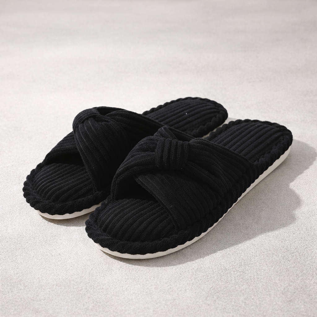 Corduroy Cross-Band Slippers – Fuzzy Cotton Open-Toe House Shoes - Luxxella