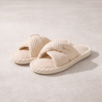 Corduroy Cross-Band Slippers – Fuzzy Cotton Open-Toe House Shoes - Luxxella