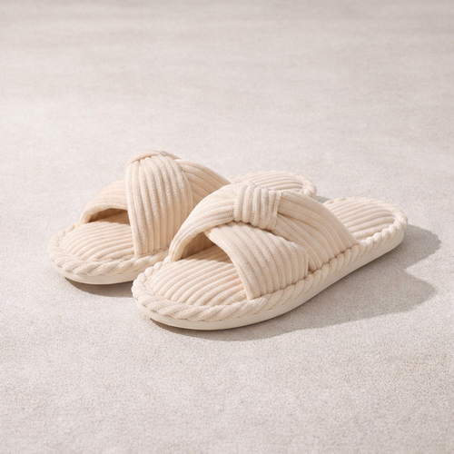 Corduroy Cross-Band Slippers – Fuzzy Cotton Open-Toe House Shoes - Luxxella