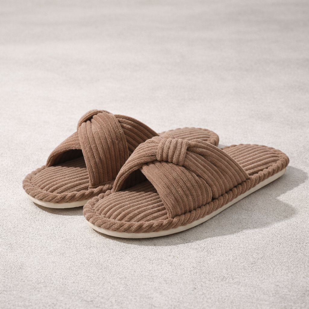 Corduroy Cross-Band Slippers – Fuzzy Cotton Open-Toe House Shoes - Luxxella