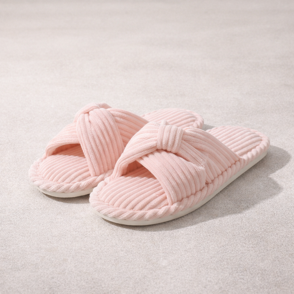 Corduroy Cross-Band Slippers – Fuzzy Cotton Open-Toe House Shoes - Luxxella