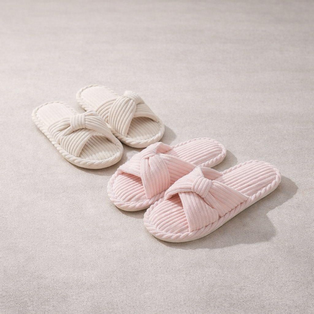Corduroy Cross-Band Slippers – Fuzzy Cotton Open-Toe House Shoes - Luxxella