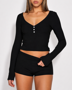 Cozy Ribbed Henley Lounge Set - Long Sleeve Crop Top & Shorts 2-Piece Set - Luxxella