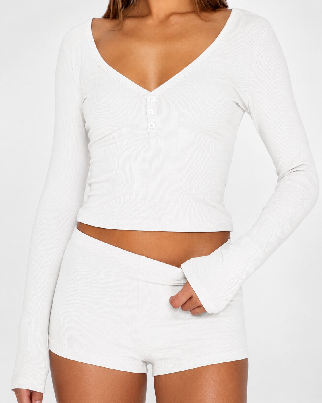 Cozy Ribbed Henley Lounge Set - Long Sleeve Crop Top & Shorts 2-Piece Set - Luxxella
