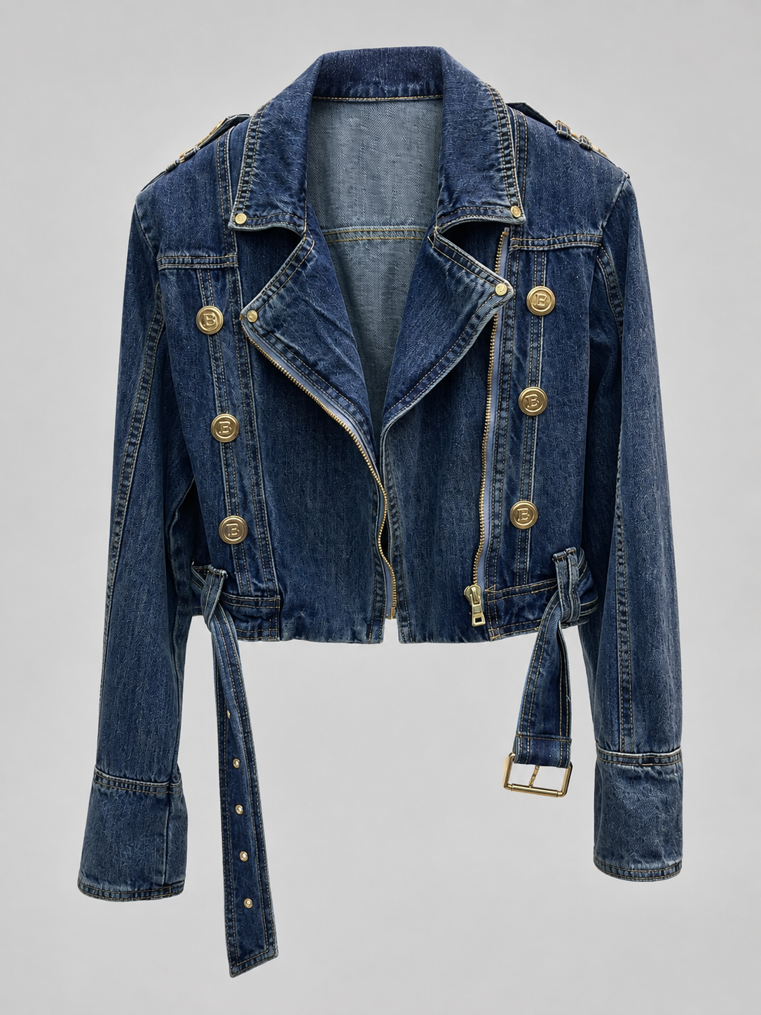 Damen Cropped Jeansjacke — Asymmetrische Jacke mit Reißverschluss und Gürtel