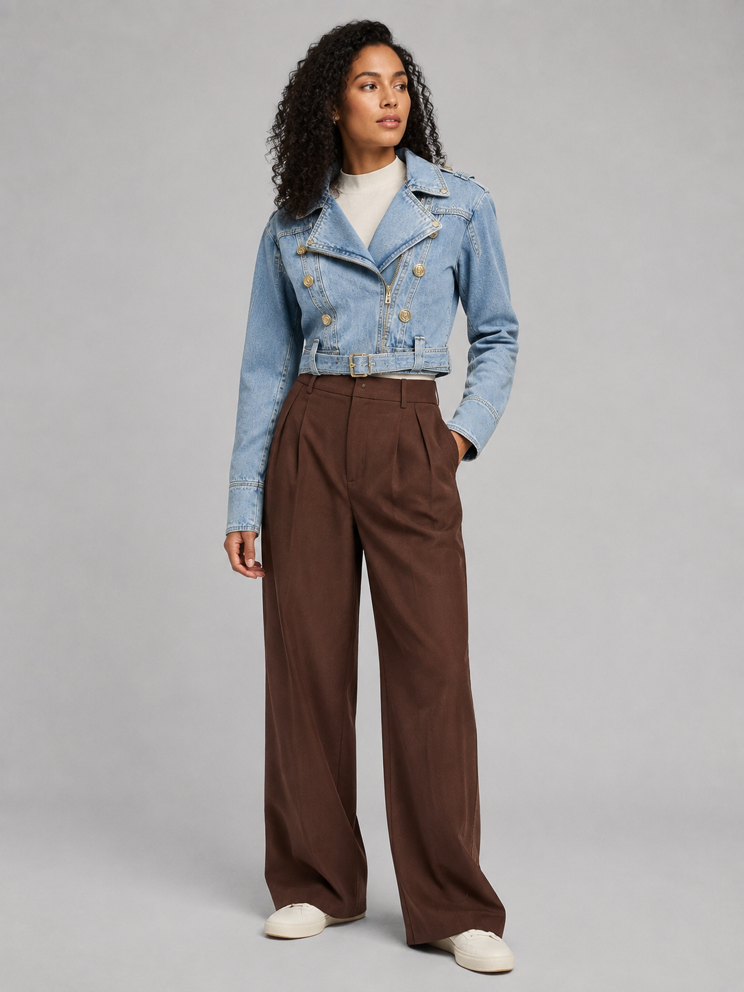 Damen Cropped Jeansjacke — Asymmetrische Jacke mit Reißverschluss und Gürtel