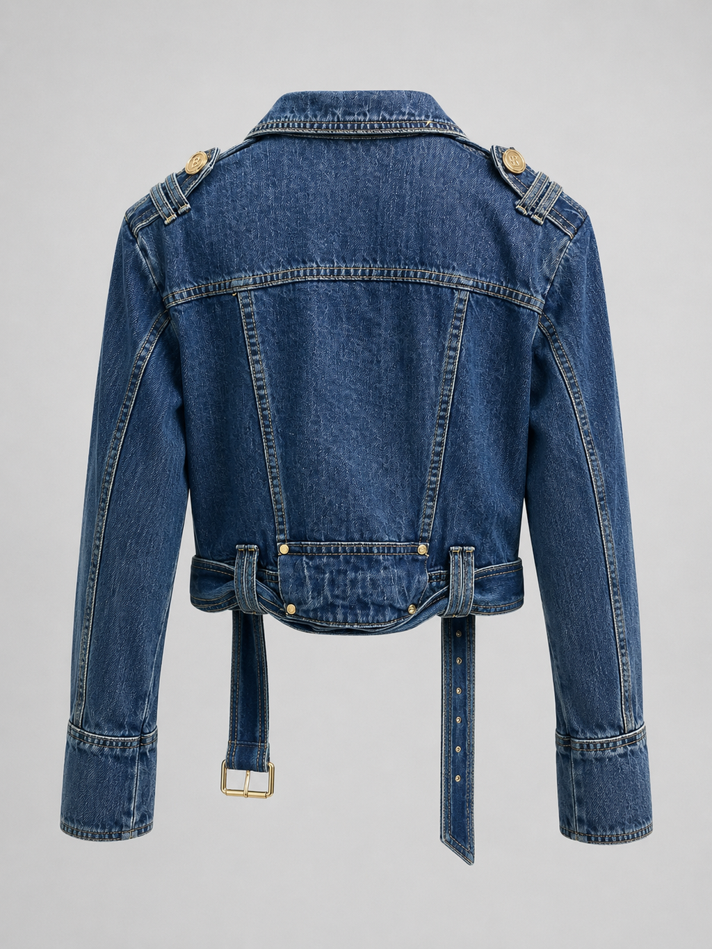 Damen Cropped Jeansjacke — Asymmetrische Jacke mit Reißverschluss und Gürtel