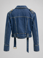 Damen Cropped Jeansjacke — Asymmetrische Jacke mit Reißverschluss und Gürtel