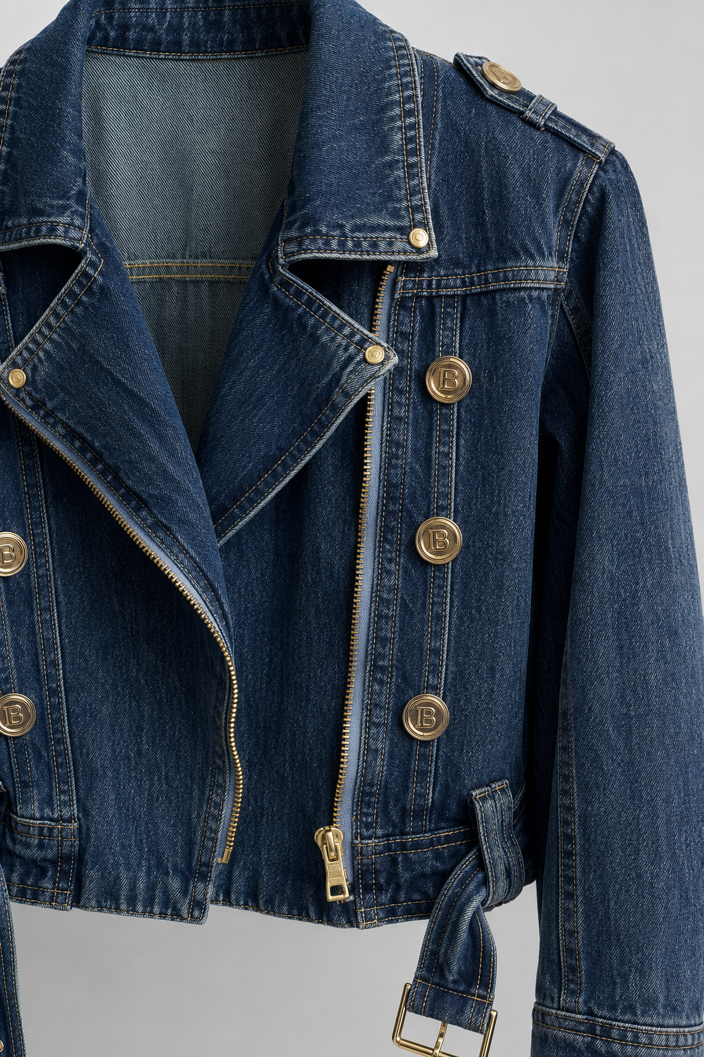 Damen Cropped Jeansjacke — Asymmetrische Jacke mit Reißverschluss und Gürtel