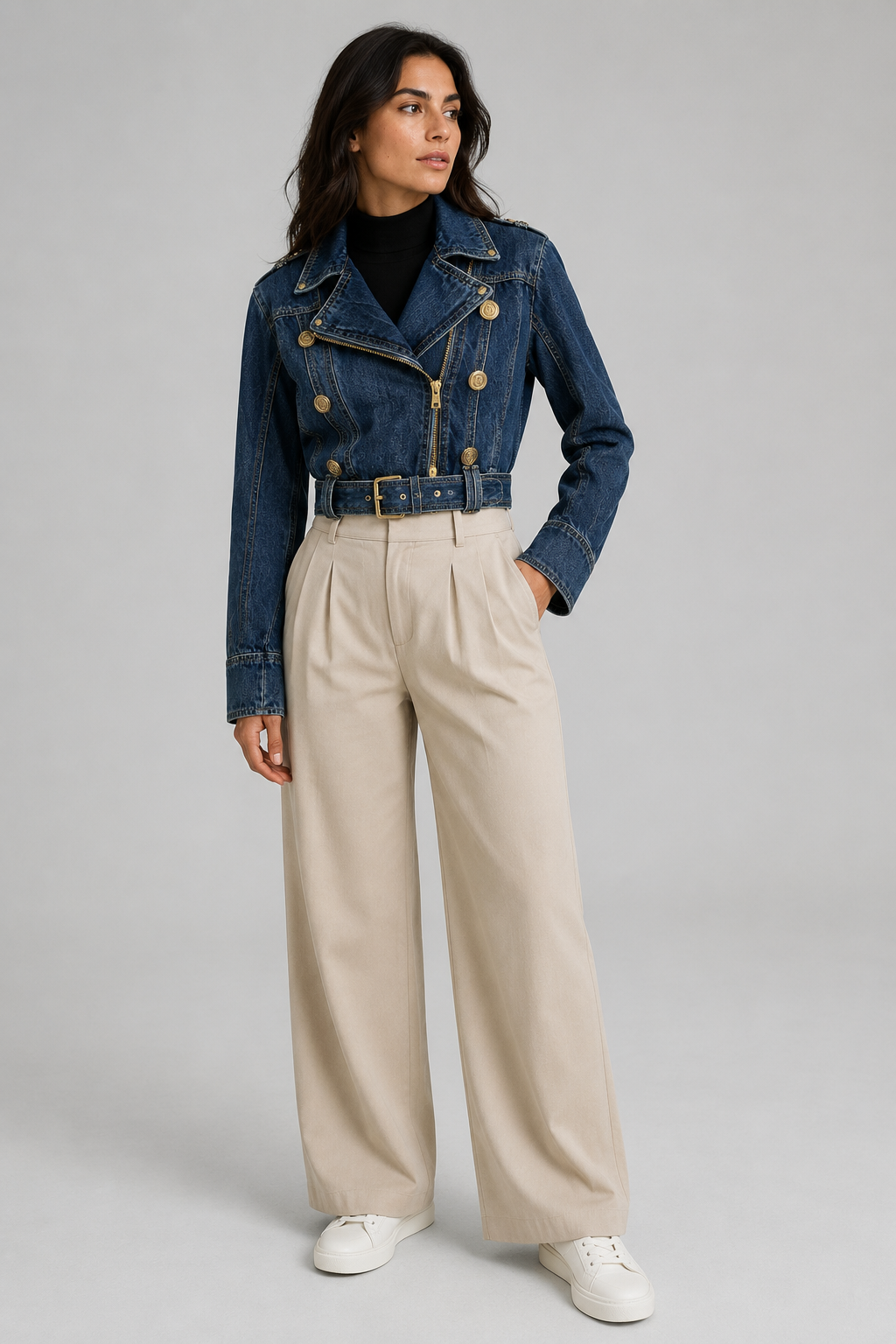 Damen Cropped Jeansjacke — Asymmetrische Jacke mit Reißverschluss und Gürtel