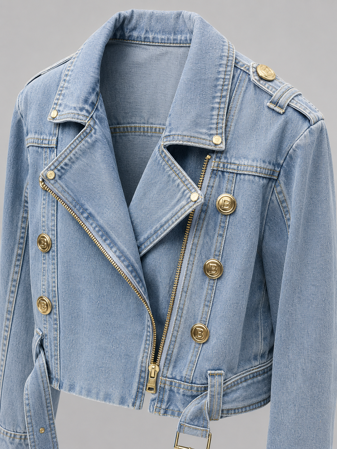 Damen Cropped Jeansjacke — Asymmetrische Jacke mit Reißverschluss und Gürtel