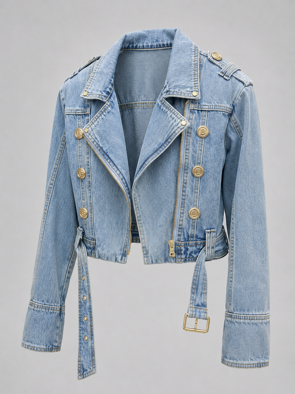 Damen Cropped Jeansjacke — Asymmetrische Jacke mit Reißverschluss und Gürtel