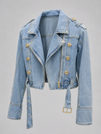Damen Cropped Jeansjacke — Asymmetrische Jacke mit Reißverschluss und Gürtel