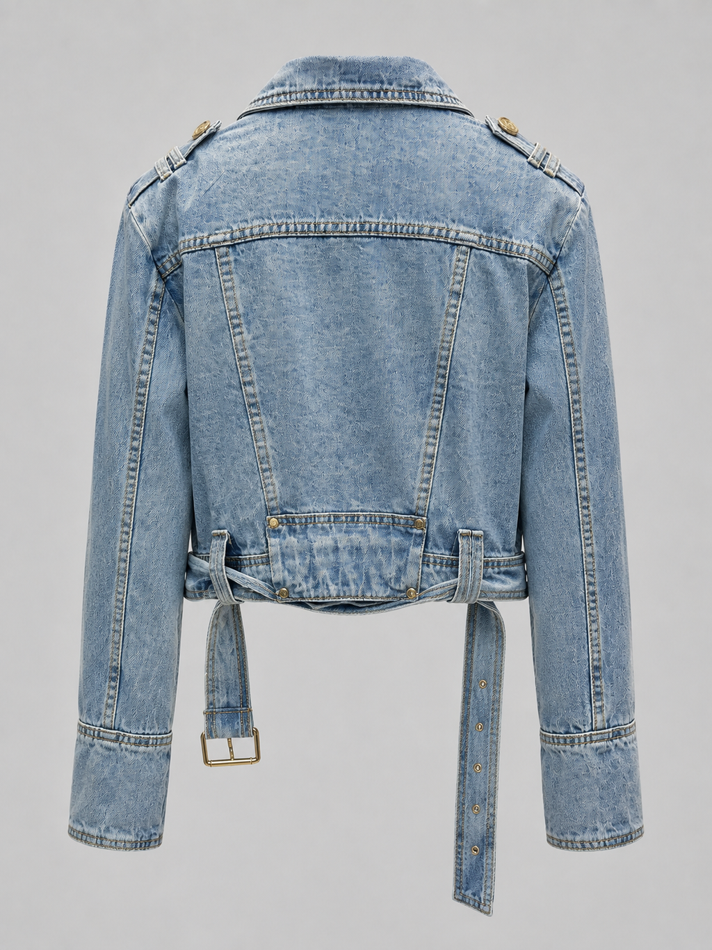 Damen Cropped Jeansjacke — Asymmetrische Jacke mit Reißverschluss und Gürtel