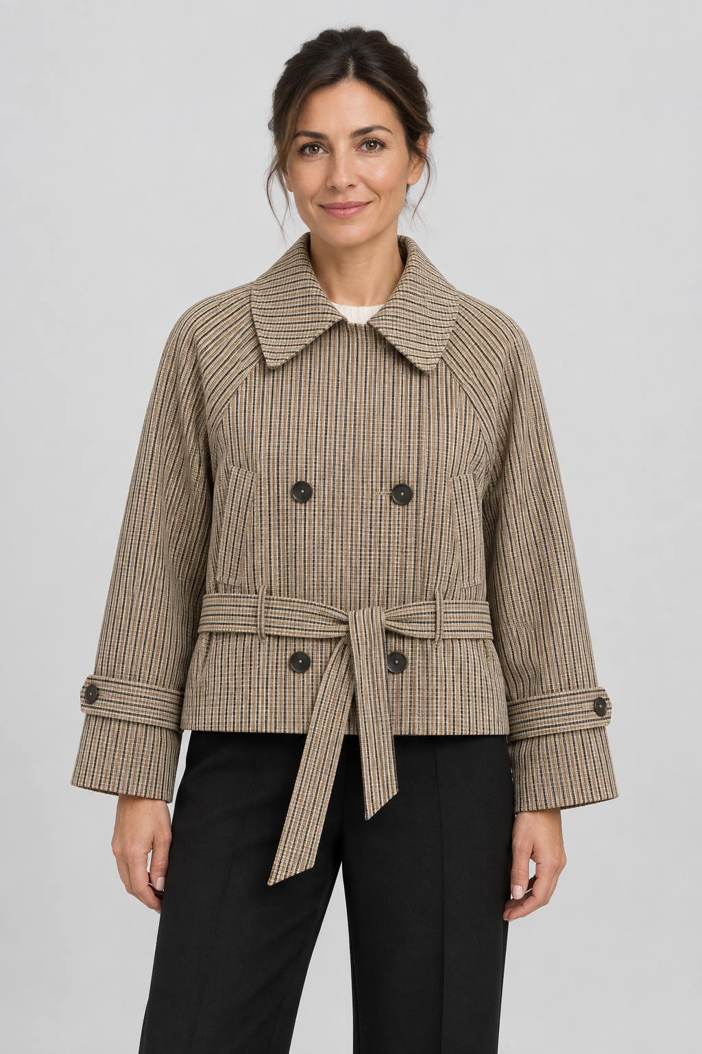 Plaid Short Trench Coat Double-Breasted Cropped Pea Coat Belted Casual Fall Jacket