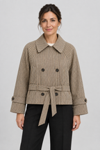 Plaid Short Trench Coat Double-Breasted Cropped Pea Coat Belted Casual Fall Jacket