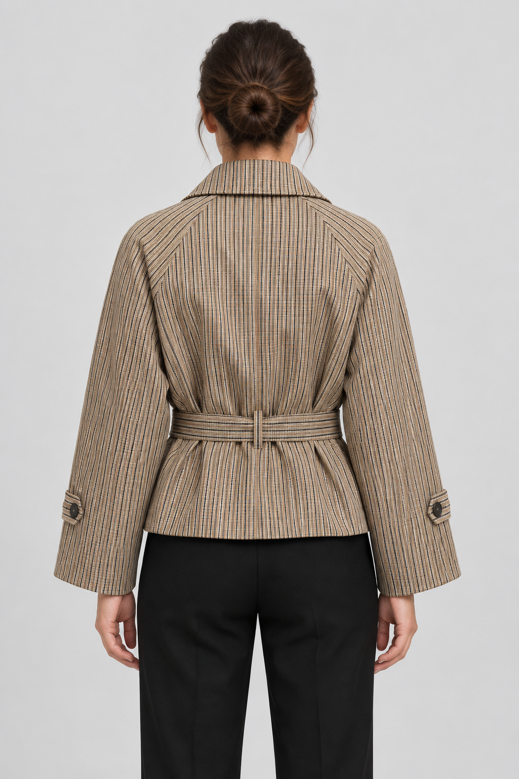 Plaid Short Trench Coat Double-Breasted Cropped Pea Coat Belted Casual Fall Jacket