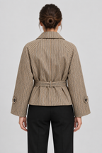 Plaid Short Trench Coat Double-Breasted Cropped Pea Coat Belted Casual Fall Jacket